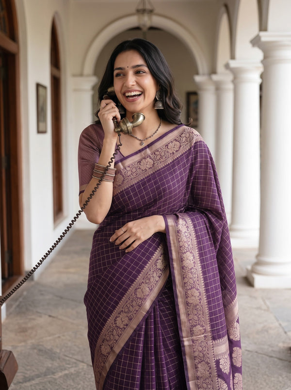 Cotton Silk Purple Golden Paisley Floral Butta Pallu Saree