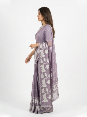 Shimmer Organza Lavender Grey Animal Motif Print Saree with Pearl Scalloped Border