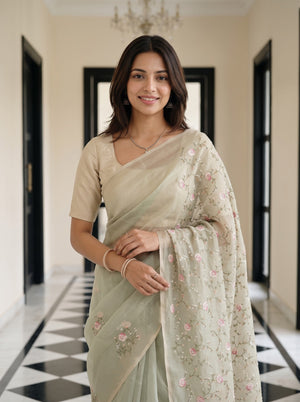 Organza Beige Saree Pink Rose Vine Design Golden Pallu