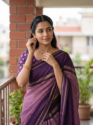Synthetic Purple Dual Tone Checked Gold Zari Striped Saree