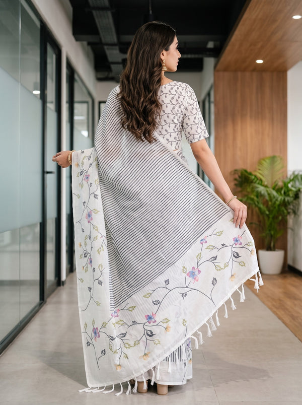 Cotton White Multicolor Floral Vine Striped Pallu Saree