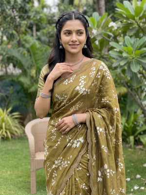 Chiffon Olive Green Floral Leaf print Saree