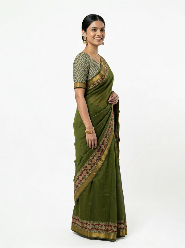 Chanderi Cotton Olive Green Ikat Border Saree