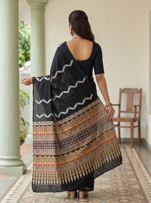 Cotton Black Saree with Multicolor Traditional Motif Printed Pallu