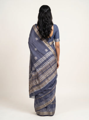 Cotton Silk Navy Blue Checkered Booti Saree with Zari Ikat Border