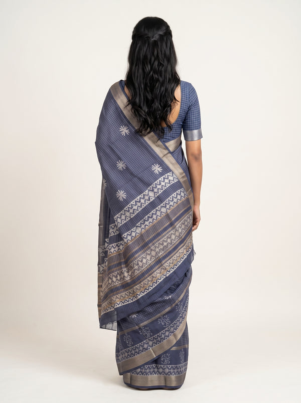 Cotton Silk Navy Blue Checkered Booti Saree with Zari Ikat Border