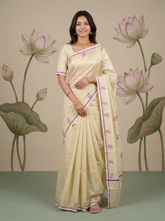 Tissue Cream Purple Leaf Print Onam Special Kerala Saree