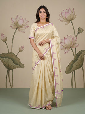 Tissue Cream Purple Leaf Print Onam Special Kerala Saree