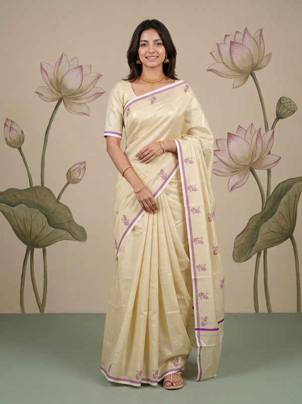 Tissue Cream Purple Leaf Print Onam Special Kerala Saree