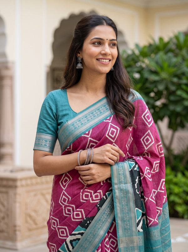 Pure Chanderi White Black Teal Abstract Print Saree