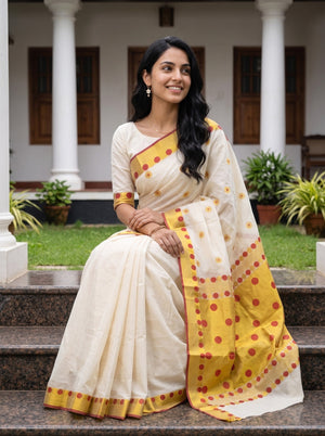 Cotton Cream Polka Dot Onam Special Kerala Saree