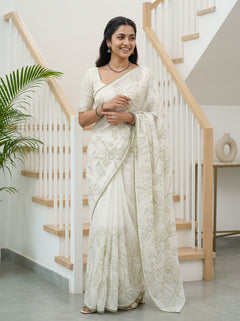 Mul Chanderi White Olive Green Floral Vine Outline Embroidery Border Saree