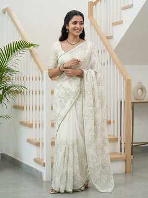 Mul Chanderi White Olive Green Floral Vine Outline Embroidery Border Saree