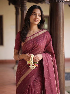 Semi Silk Maroon Saree with Golden Dotted Butta Border and Check Weave