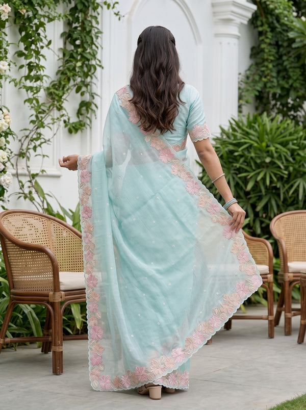 Organza Sea Blue Saree with 3D Floral Embellished Border