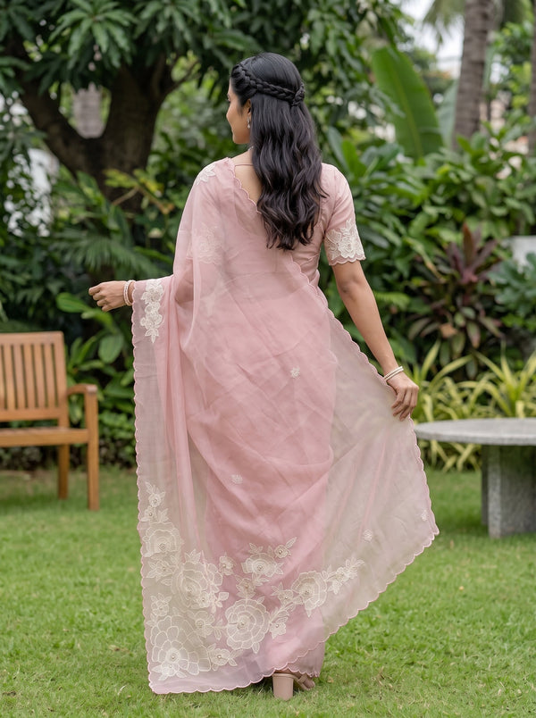 Organza Baby Pink Cutwork Floral Applique 3D Rose Pearl Pallu Saree