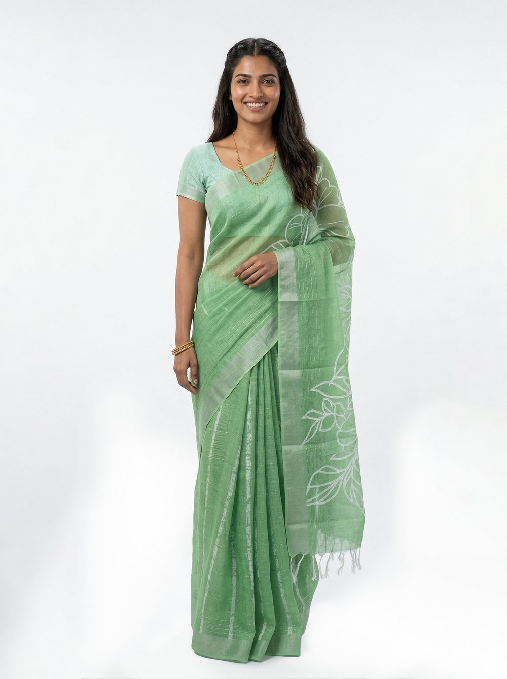 Linen Sea Green Floral Print Saree with Silver Striped Border