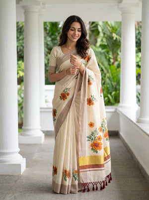 Tissue Cream Orange MariGolden Floral Print Kerala Saree with Tassels