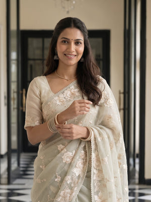 Organza Sage Green Saree with Cream Floral Vine Embroidery