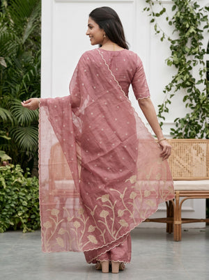 Organza Dusty Rose Pink Golden Floral Stem Applique Pallu Scalloped Edge  Saree