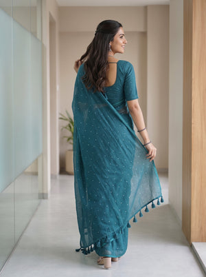 Mul Chanderi Saree in Teal with Sparkling Sequin Dot Embellishment
