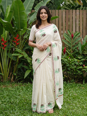 Cotton Cream Floral Printed with Green Leaf & Maroon Flower Motifs Onam Special Kerala Saree
