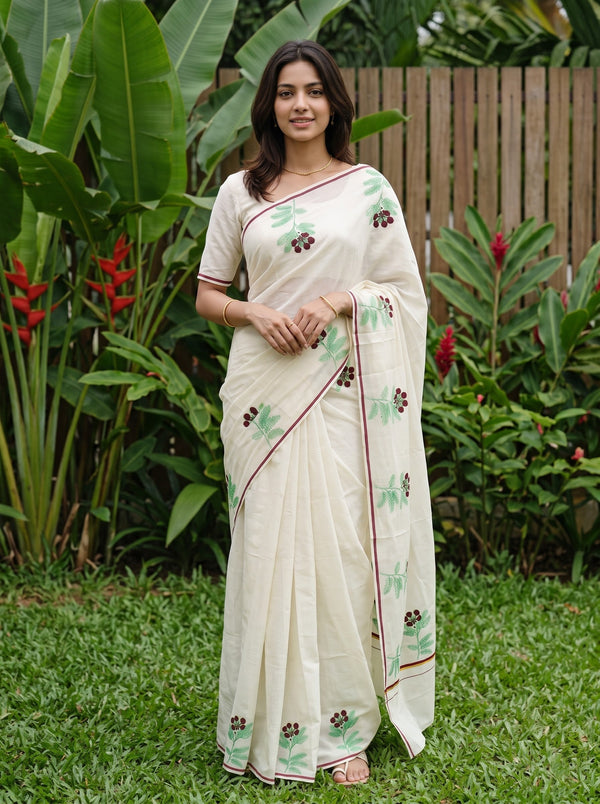 Cotton Cream Floral Printed with Green Leaf & Maroon Flower Motifs Onam Special Kerala Saree