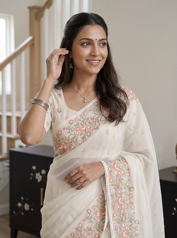 Net Kota Off White Saree with  Floral Embroidery Border