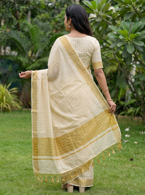 Tissue Cream Golden Striped Border Kerala Saree with Crochet Tassels