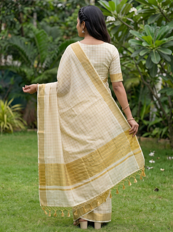 Tissue Cream Golden Striped Border Kerala Saree with Crochet Tassels