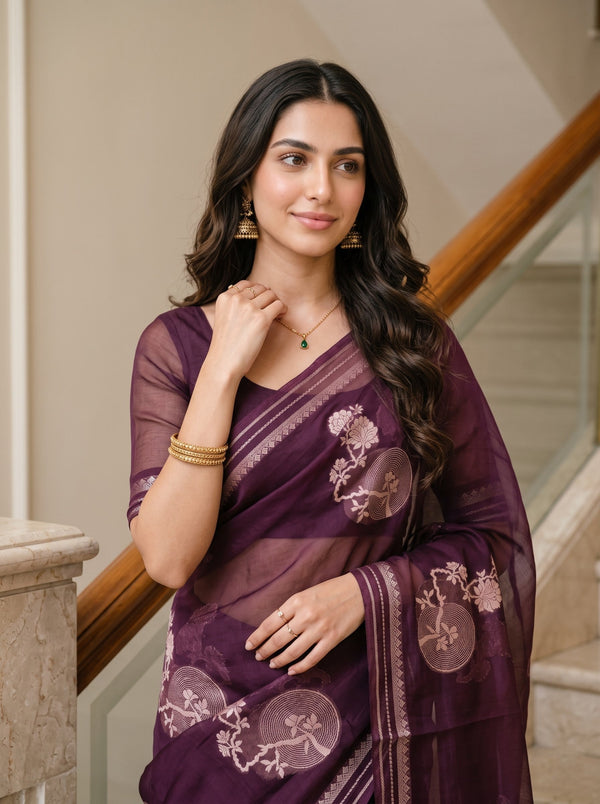 Organza Wine Purple Floral Bonsai Print Saree