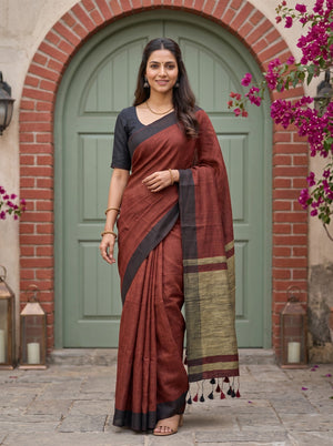 Linen Maroon Golden Zari Border Tasseled Saree