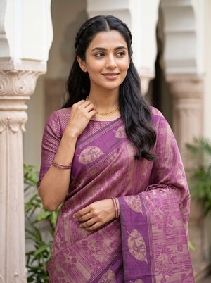 Matka Silk Purple Magenta Gold Zari Floral Checkered Pallu
