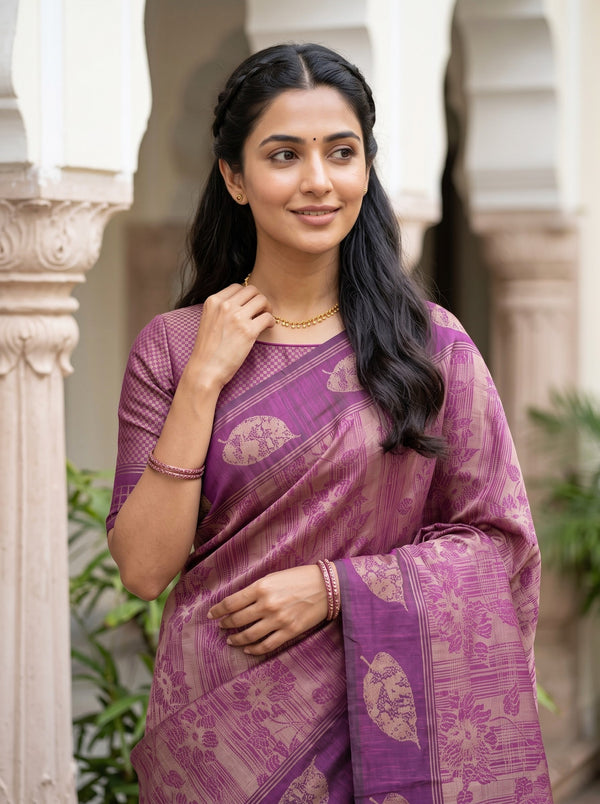 Matka Silk Purple Magenta Gold Zari Floral Checkered Pallu