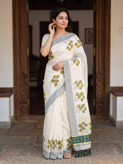 Tissue Cream Kerala Saree with Green Floral Print Pallu, Checkered Green Golden Border