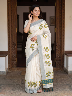 Tissue Cream Kerala Saree with Green Floral Print Pallu, Checkered Green Golden Border