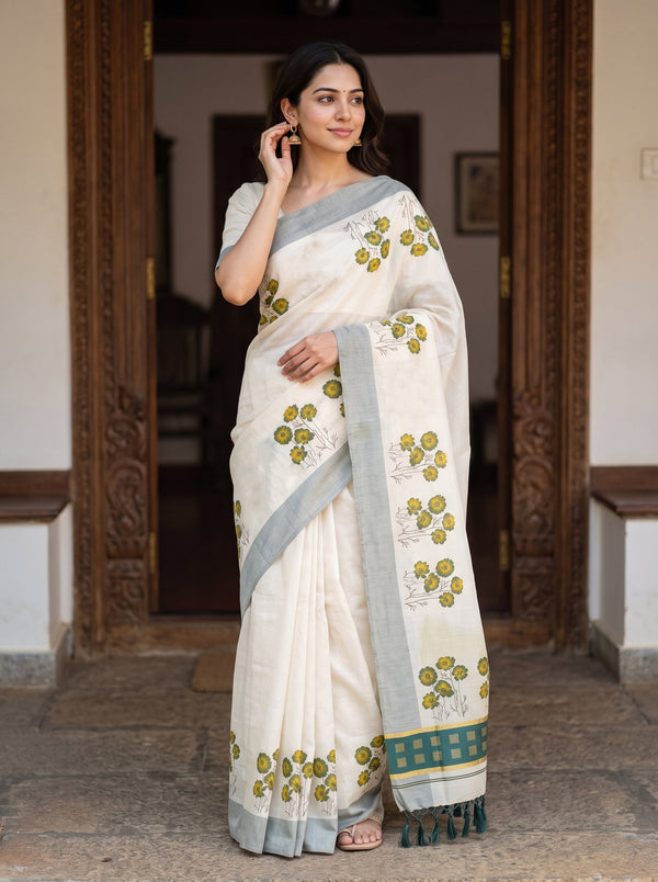 Tissue Cream Kerala Saree with Green Floral Print Pallu, Checkered Green Golden Border