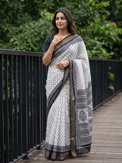 Polycotton White Black Floral Bouquet Motif Pallu Saree with Scroll Border Bands