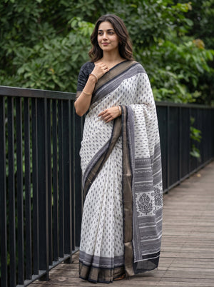 Polycotton White Black Floral Bouquet Motif Pallu Saree with Scroll Border Bands