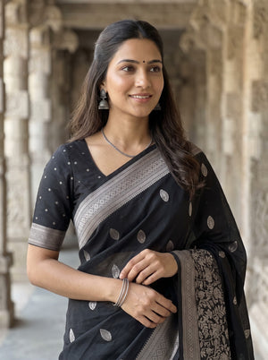 Banarasi Silk Black and Floral Vine Pallu Saree