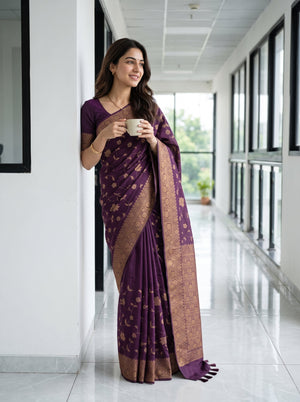 Cotton Silk Purple Gold Jacquard Floral Border Saree