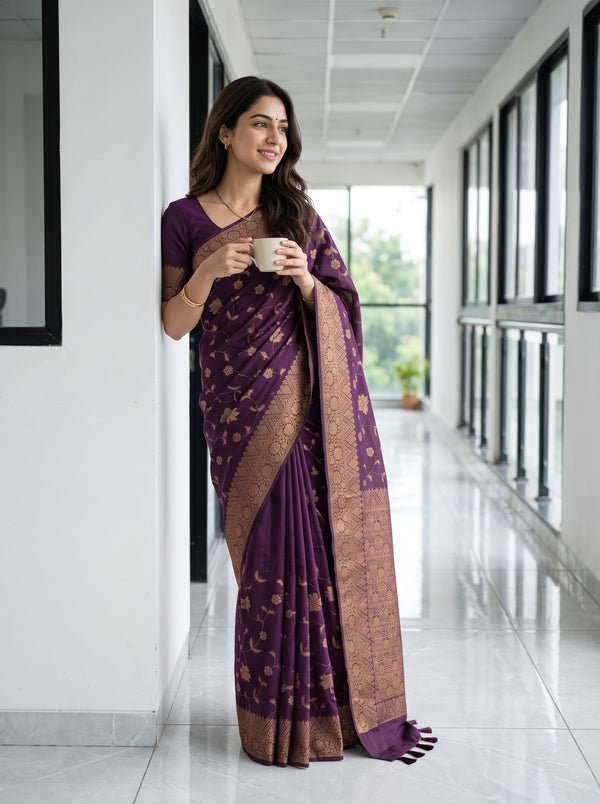 Cotton Silk Purple Gold Jacquard Floral Border Saree