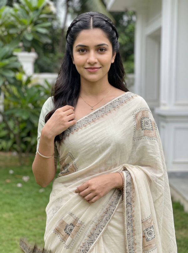 Organza Cream Block Print Patchwork Sequin Embroidered Pallu Saree