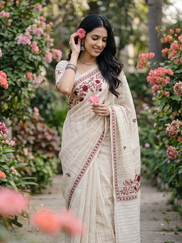 Linen Cream Beige Striped Red Floral Applique Embroidered Pallu Kantha Stitch Tassels Saree