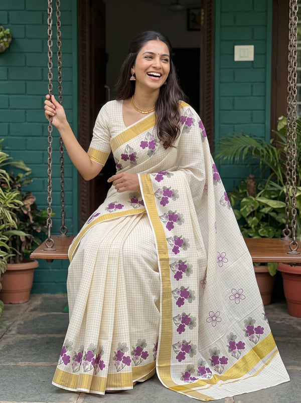 Cotton Cream Purple Floral Print Kerala Saree with Golden Zari Border