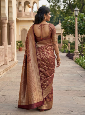 Brocade Silk Maroon Saree with All Over Floral Vine Zari Jaal and Wide Border