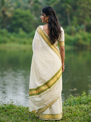 Cotton Cream Gold Green Striped Border Onam Special Kerala Saree