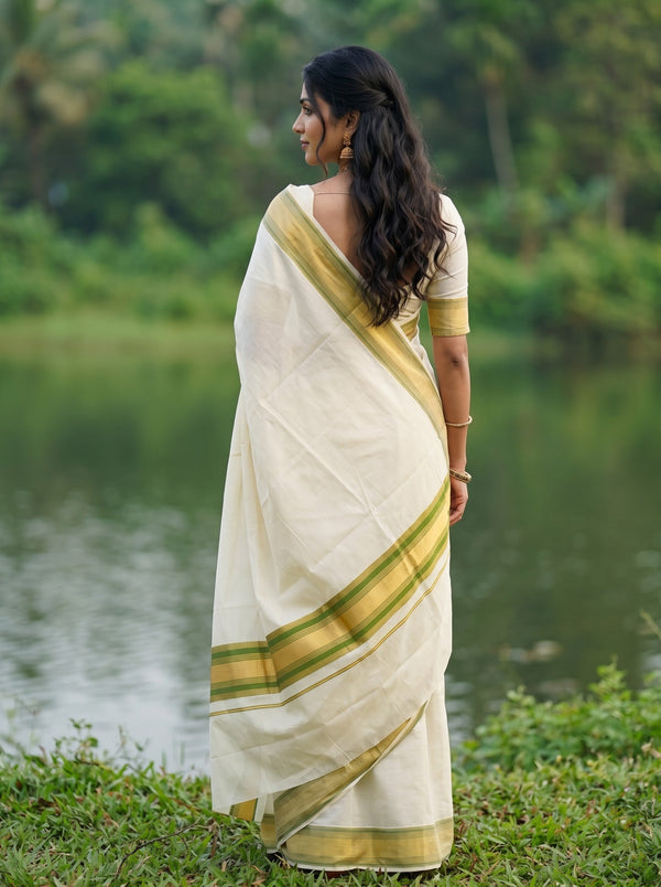 Cotton Cream Gold Green Striped Border Onam Special Kerala Saree
