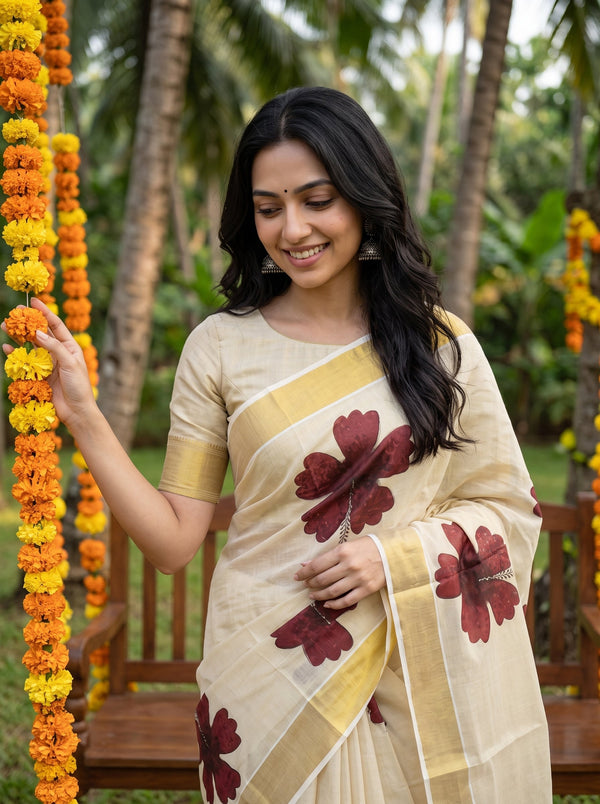 A woman wearing a beige saree with yellow stripes and dark red floral motifs, standing outdoors in a garden with palm trees and orange marigold garlands.