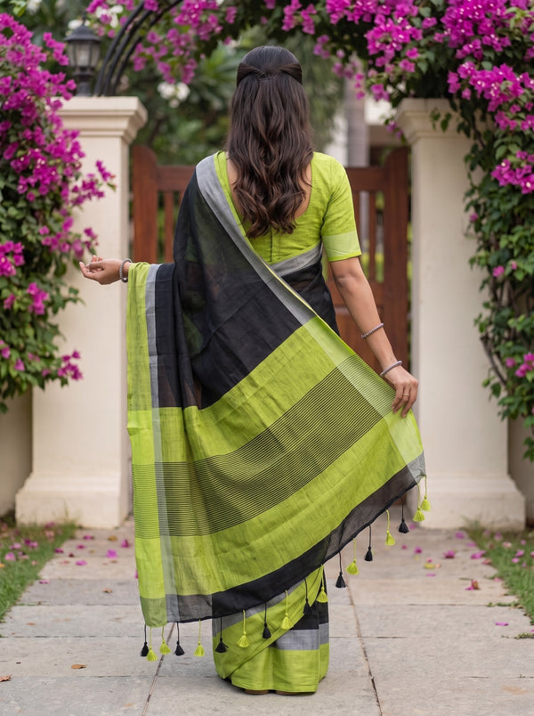 Linen Green Black Colorblock Striped Border Saree